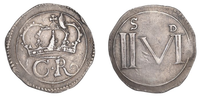 Ormonde Money, Halfcrown, small triangle between c-r, tall figures on rev., 15.10g/2h (Bull 7 [A8]; S 6545; DF 293; KM. 61). Die breaks on crown, very fine or better for issue, toned, rare. The Old Currency Exchange, Dublin, Ireland.