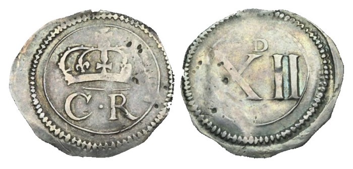 Ormonde Money, Shilling, Pellet between CR, tall numerals, small 'D' on reverse.