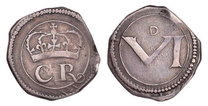 Ormonde Money, Sixpence, no dot between CR, r with curly tail, large numeral, small D, 2.83g (S 6547, DF 302, KM. 59). aVF