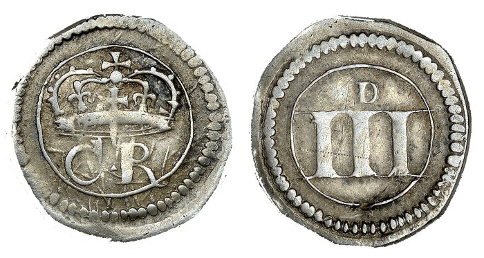 Ormonde money, Threepence, large numerals and small d, 1.50g (S 6549, DF 309, same dies). Very fine, toned. The Old Currency Exchange, Dublin, Ireland.
