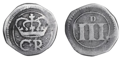 Ormonde Money, Threepence, lozenge between CR, thick numerals + small 'D', 1.41g (S 6549, DF 306).