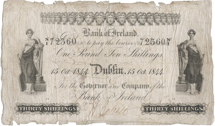 1844 Bank of Ireland Thirty Shillings similar to the ones Thomas Atkins was convicted of counterfeiting. This is the ninth issue of Bank of Ireland notes and the highly ornate Hibernia & Medusa Heads made them more difficult to forge.