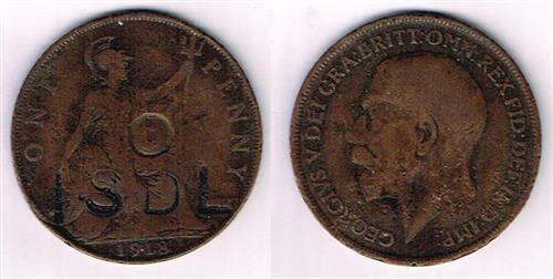 Irish Self Determination League counter-marked penny - a GB 1918 penny coin, die-stamped ISDL