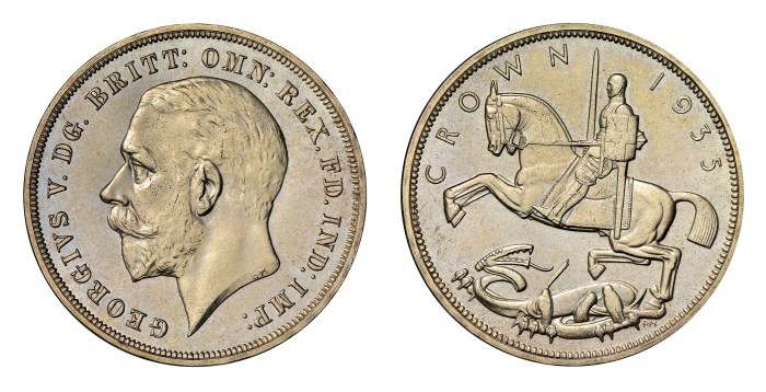 Metcalfe designed the reverse of the 1935 Crown, featuring an Art Deco rendering of St. George slaying the dragon.
