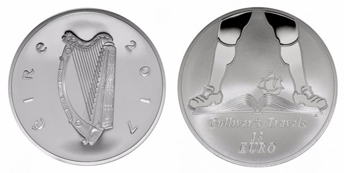 2017 Jonathan Swift & Gulliver's Travels €15 silver proof coin.