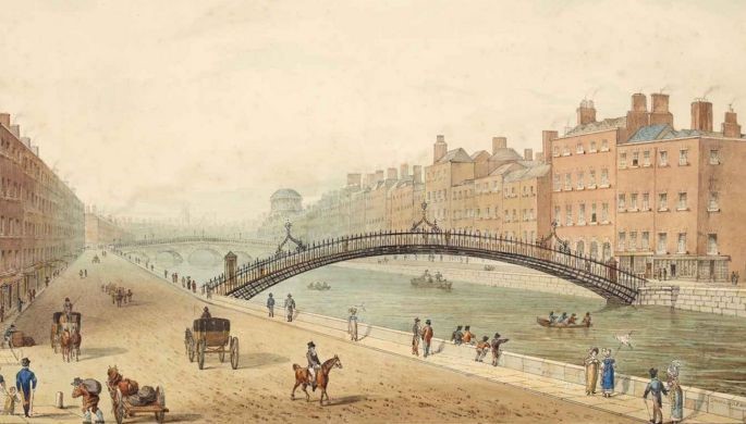 A watercolour drawing by Samuel Frederick Brocas of the Ha'penny Bridge, dated 1818, looking from Aston Quay across to Bachelors' Walk and downriver toward Grattan Bridge and the Four Courts. The original is stored in the Archives of the National Library of Ireland