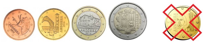 Andorra coin designs 2014 - note the design rejected by the EU on the far right.