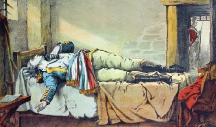 An artist's impression of the death of Theobald Wolfe Tone on 19th November 1798. He is famously depicted in a French adjutant-general's uniform on his death bed.