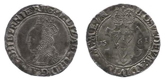 Elizabeth I, 2nd Irish Coinage (fine silver, 1561) Shilling, dated 1561. Crowned bust to left / Three Harps posed on crowned shield