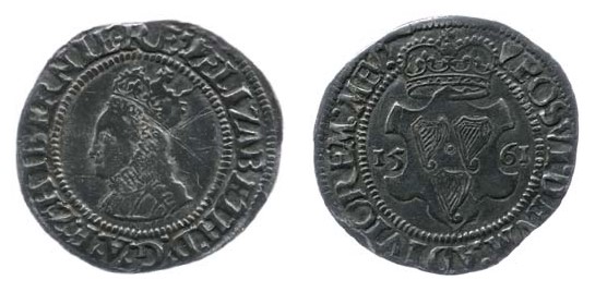 Elizabeth I, 2nd Irish Coinage (fine silver) Groat, dated 1561. Crowned bust to left / Three Harps posed on crowned shield, date either side