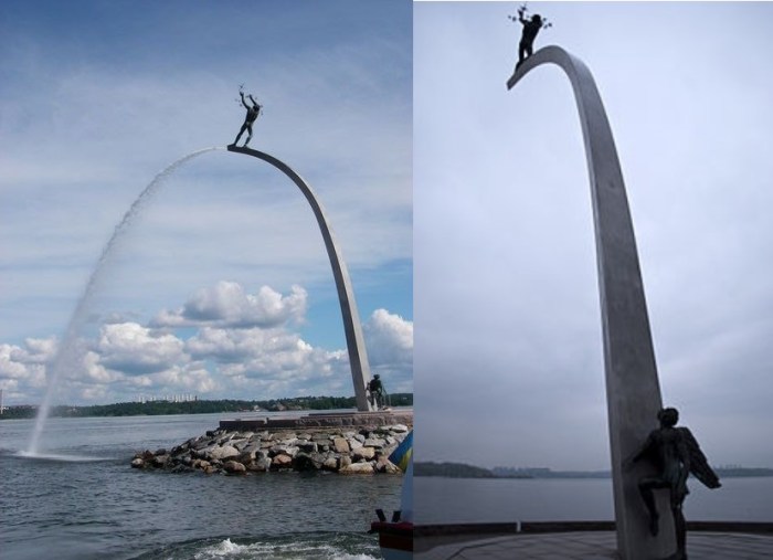 Two different views of "God the Father on the Arch of Heaven" - a 23 meter high sculpture and water feature by Carl Milles. Nacka Strand, Stockholm
