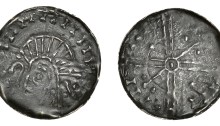 Hiberno-Norse, Phase VI silver penny - Crude draped bust left, crozier before, quatrefoil behind; Long cross, pellet within annulet at centre, sceptre and pellet in opposing quarters