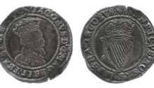 James I, 2nd Irish Coinage (1605-1607), 3rd Bust (decorated shoulder) Silver Shilling, mint mark: Martlet (1605). DF. 261; S. 6515.