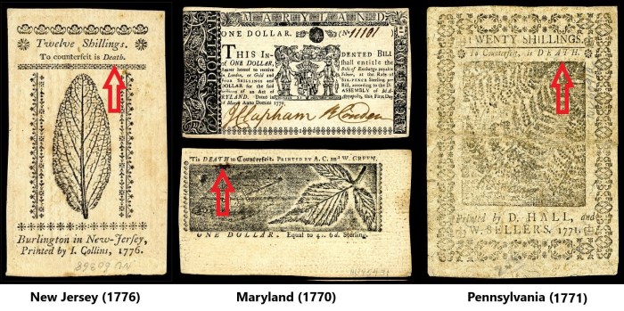 "To counterfeit is Death" New Jersey; "Tis DEATH to Counterfeiters" Maryland; and "To counterfeit is Death" Pennsylvania.
