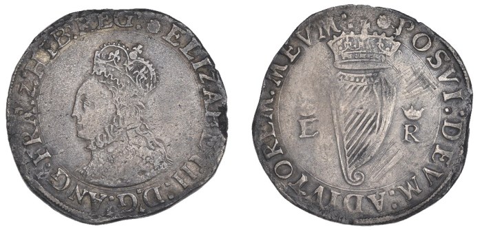 Elizabeth I, First issue, Shilling, mm. rose, reads reg, 8.45g (S 6503, DF 241). Old scratches on reverse, otherwise about very fine, rare