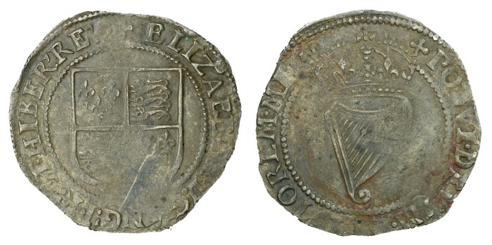 Elizabeth I, Third issue, Sixpence, mm. star, trefoil, 3.14g (S 6508, DF 253). Weak in places and scratched on shield, nearly very fine, toned