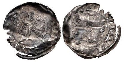 Hiberno-Norse. temp. Domnall mac Taidc Ua Briain-Brotar mac Torcaill. Early-mid 12th century. AR Penny (18mm, 0.48 g). Phase VII coinage. Semi-bracteate type. Uncertain mint signature and moneyer. Struck circa 1110-1150. Crude draped bust left; trefoil before / Voided cross botonee. O'S 66; SCBI 8 (BM) 253; SCBC 6192. VF, toned, heavily chipped. Very rare.