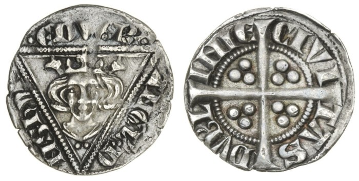 Edward I, Penny, second coinage, type 1a, Dublin, 1.37g, crowned facing bust within triangle, rev. long cross with trefoils of three pellets in each angle (S.6246A)