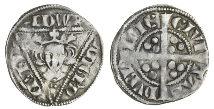 Edward I, second coinage, Dublin Penny, type 1c, 1.40g, crowned facing bust within triangle, rev. long cross with trefoils of three pellets in each angle (S.6248)