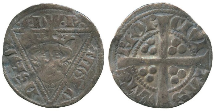 Edward I, Silver Penny, second coinage, type Ib, Waterford mint, crowned bust with trefoil of pellets below within triangle, rev long cross pattée, 1.26g (DF64, S6249)
