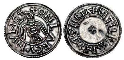 Hiberno-Norse Northumbria). Anlaf Guthfrithsson. 939-941. AR Penny (21.5mm, 1.39 g, 12h). Raven type. Southumbrian mint, probably Lincoln; Litelman, moneyer. + ONLΛF CVNVHC, raven with wings displayed, head left / + LITILHAN • MOHETΛ, small cross pattée. CTCE Group IV am - same obv. die, unlisted moneyer; SCBI –; BMC –; cf. North 537/1; SCBC 1019. EF, lightly toned. Small mark on reverse. Broad flan. Of the highest rarity and the only example known of this moneyer.