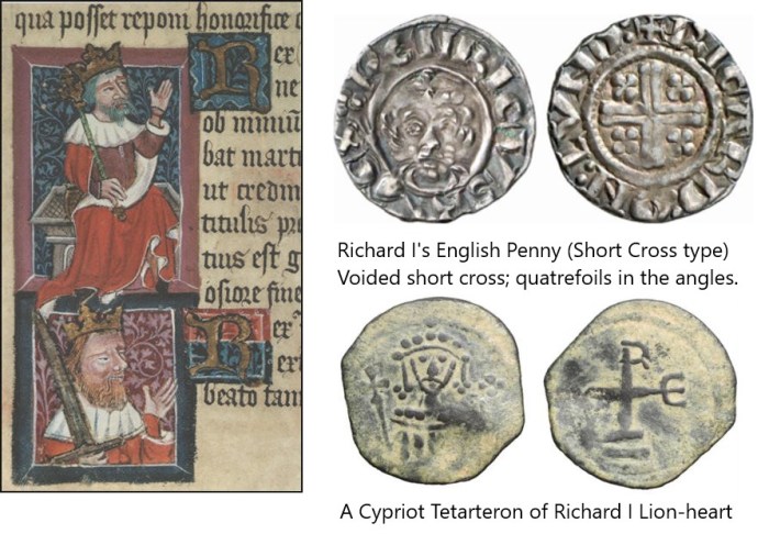 Richard the Lionheart (above) and John Lackland from Thomas Walsingham's Golden Book of St Albans (1380). Richard, like his father Henry II, issued no coins in his own name for Ireland but his brother (Prince John, Lord of Ireland) and his father's most senior knight in Ireland (John de Curcy, Lord of Ulster) did.