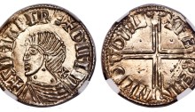 Hiberno-Norse Phase II Penny, Long Cross and three pellets on neck variety. Obv: +SIHTRC REX DYFLM, cross pattée behind neck. Rev: +FÆ REMI N M'Θ DYFL