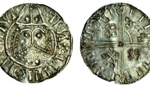 Hiberno-Norse, phase IV, 'scratched-die' coins, c.1060-65, Penny, 0.77g, bearded, helmeted bust facing, retrograde blundered legend, rev. blundered legned, voided long cross, symbols in angles (cf SCBI 8, 155-156; D.F. 27; S.6136), small chip, edge cracks, crease, a good example of this issue, very fine, rare