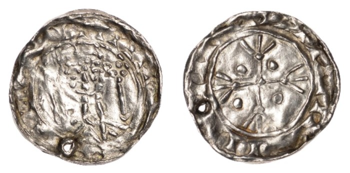 An Hiberno-Norse / Hiberno-Scandinavian, Phase V (Imitation of a William I Two Sceptres type) Silver Penny. Obv: crude facing bust with two sceptres. Rev: short single cross with trident finials, pellet in each angle