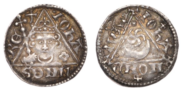 John (as King, 1199-1216), Third coinage, Penny, Dublin, Johan, iohan on dive, pellet on tip of the third ray, 1.58g