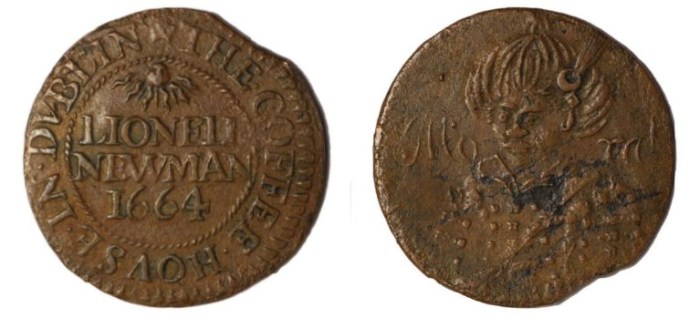 1664 Dublin, Lionell Newman, penny, bust of Turk dividing Mo rat, THE COFFEE HOVSE in DUBLIN (W.371, N.6257) very rare