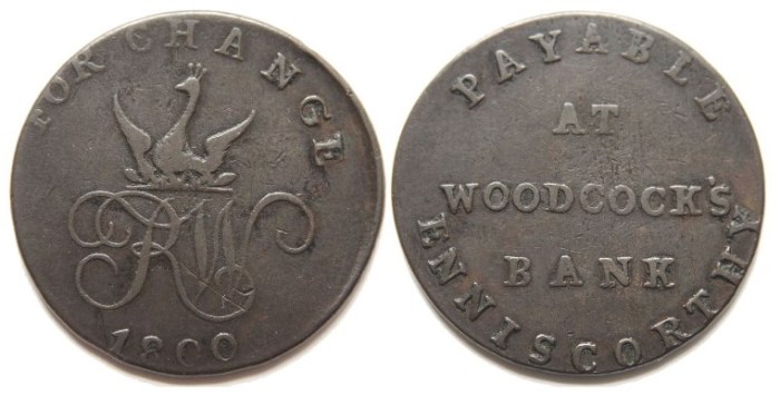 1800 Woodcock's Bank, Enniscorthy (Co Wexford) copper halfpenny token dated 1800. Obv Monogram of RW beneath a peacock crest with legend above
