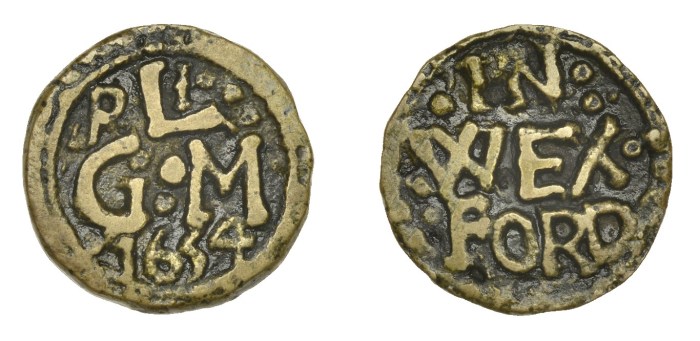 1654 George Linington's Penny Token, Obv. Initials & Date, P L over G . M. 1654 Rev. IN WEX FORDWt. 2.0g W. N 6358, this piece; D 750A. aVF, extremely rare