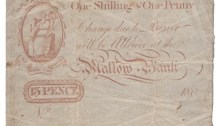 180_ Mallow Bank, Type 1, One shilling & 1d (aka 1 shilling Sterling) De la Cour & Galwey, unissued (no serial number), almost Fine. Very rare