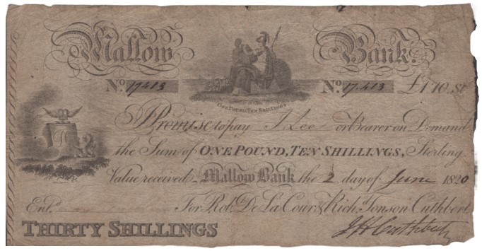 1820 Mallow Bank, for Robert de la Cour & Richard Jonson Cuthbert, 30 Shillings, 2 June 1820, serial number 17413, J.H. Cuthbert