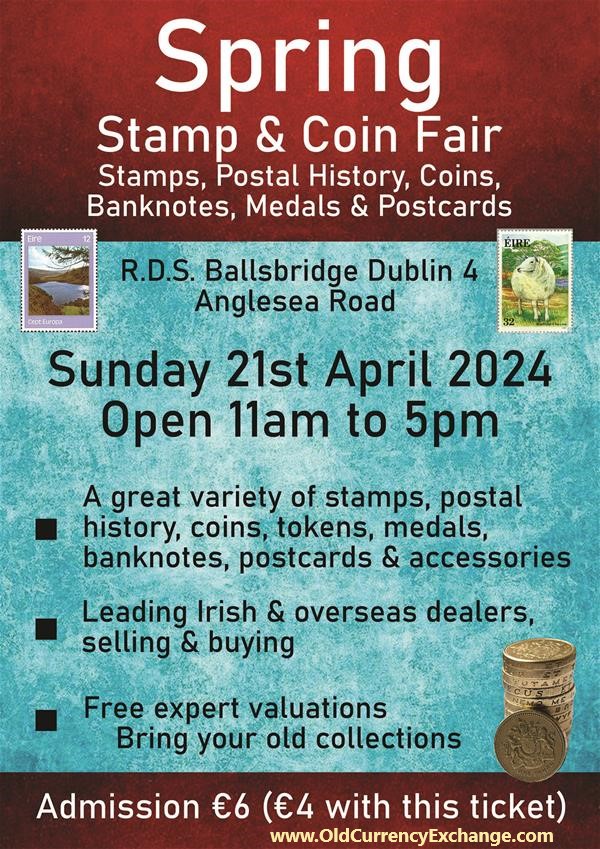 Dublin Stamp & Coin Fair, Sunday 21st April 2024 Discounted Ticket (RDS, Ballsbridge)